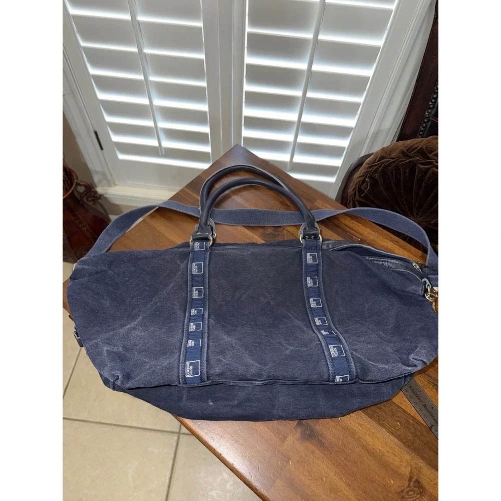Goldman Sachs Navy Blue Canvas Duffel Bag Leather Trim Travel Weekend Gym Bag